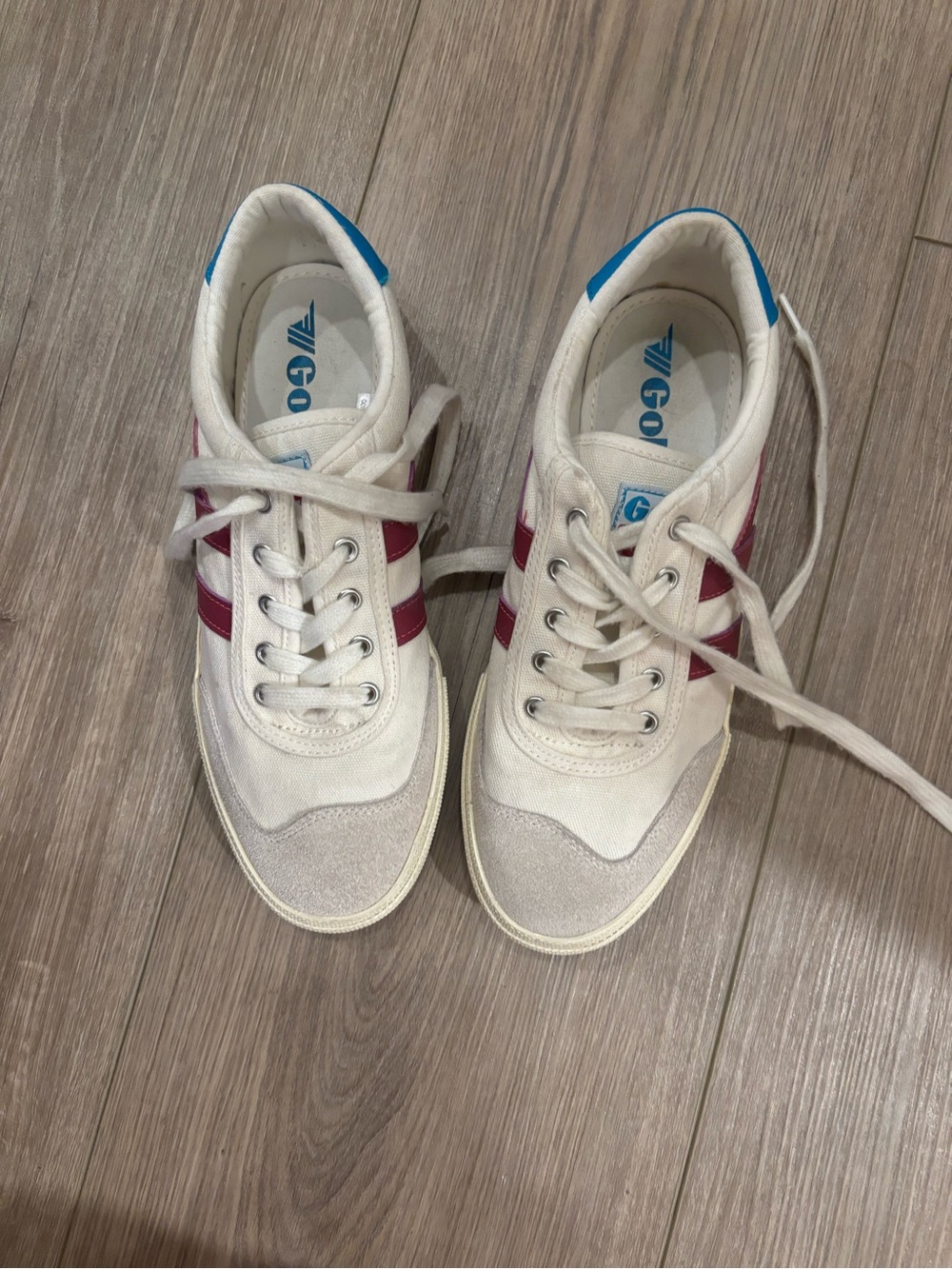 Gola White Sneakers with Burgundy Stripes and Blue Heel Tab